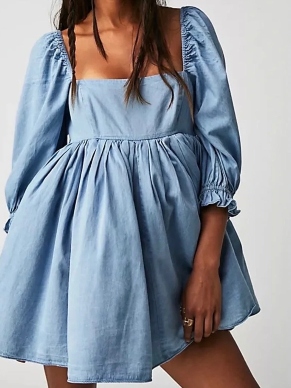 Selkie Denim Puff Dress Bleached Blue Size S Balloon Sleeve Babydoll - Picture 2 of 3